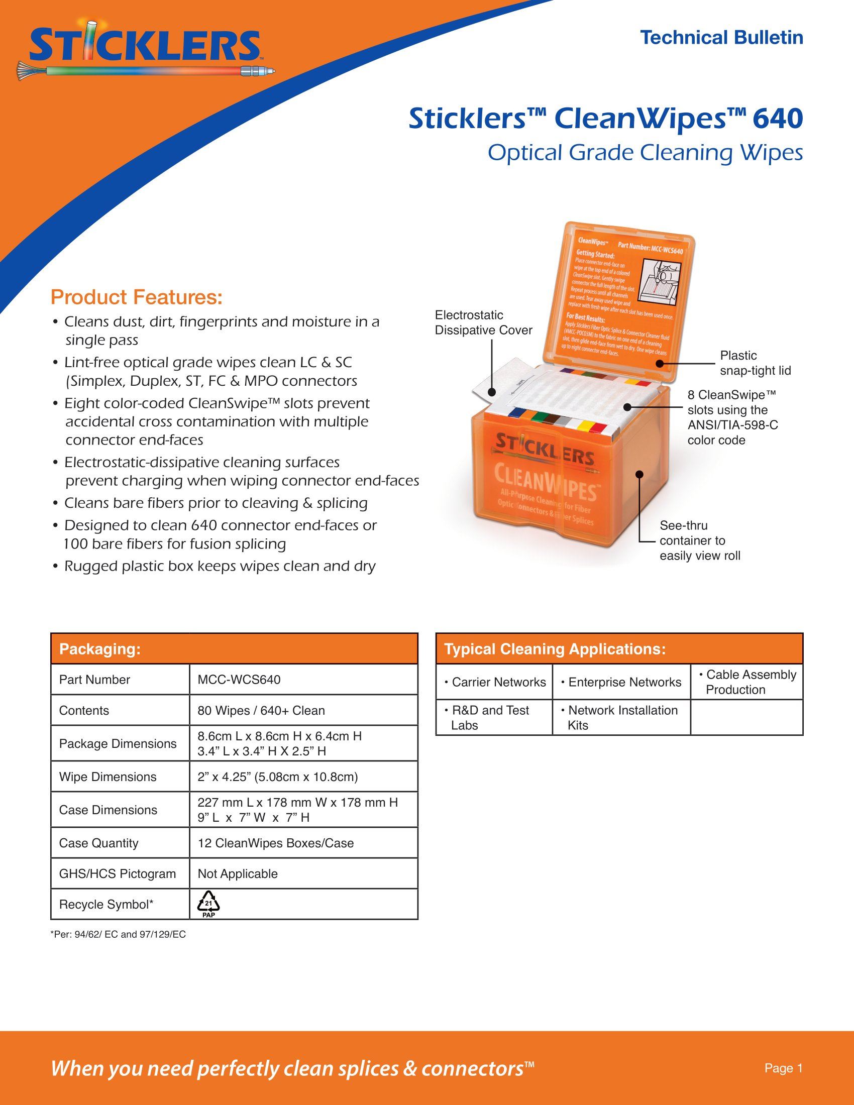 MCC-WCS640 Sticklers™ CleanWipes™ 640 Optical Grade Cleaning Wipes